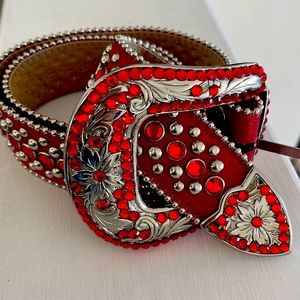 b.b. Simon western real leather belt. Red rhinestone & silver buttons.